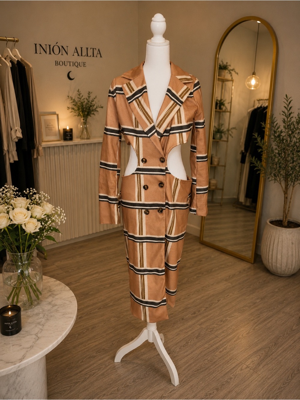 INIÓN ALLTA Women's Tan Striped Cutout Trench Coat
